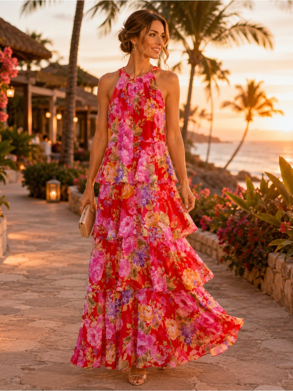 Jessica Howard Floral Tiered Ruffle Chiffon Gown NWT